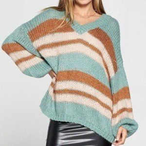Women's Outwear V-Neck Cozy Thick Knit Stripe Pullover Sweater Size - L NWT